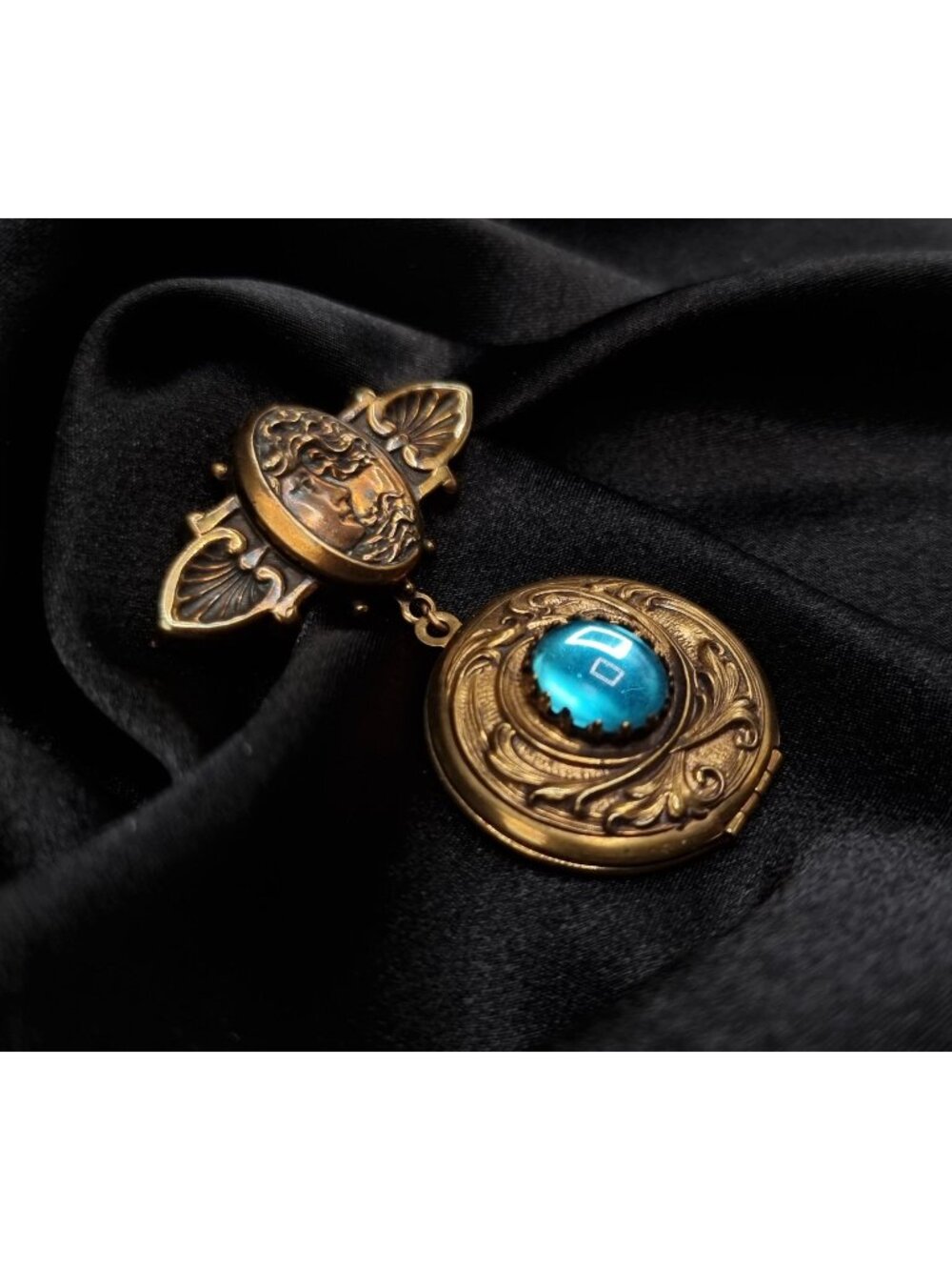 Vintage Early 2000's Gold-Tone Locket Brooch With Blue Stone & Art Nouveau Face